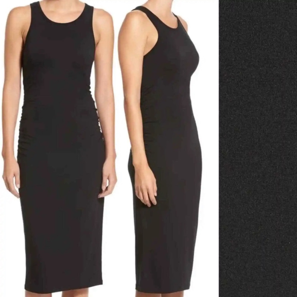 STEM Black Ruched Bodycon Midi Dress Sleeveless Small